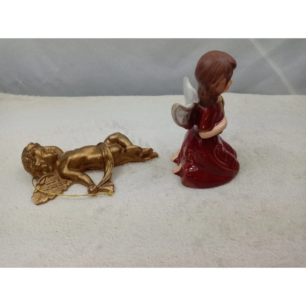 Angel Figurines Set of 2 Gold & Red Harp Hanging Christmas Holiday Decor‎